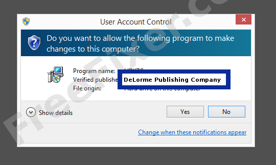 Screenshot where DeLorme Publishing Company appears as the verified publisher in the UAC dialog